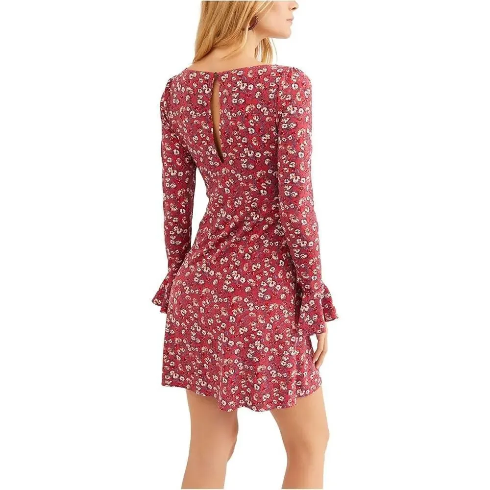 Free People Say Hello Mini Dress Red Floral Long Sleeves Size S